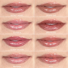 Acht Lipgloss-Farbtöne auf den Lippen aufgetragen: Secret Agent, Skinny Dip, Cloud 9, Speakeasy, Desert Bloom, Sunset Blvd, Whisper und Fizz.