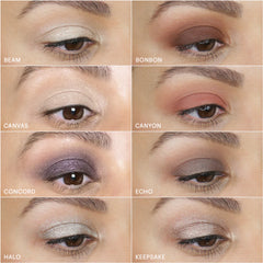 Lidschatten-Swatches auf den Lidern, beschriftet mit Beam, Bonbon, Canvas, Canyon, Concord, Echo, Halo und Keepsake