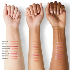 Glo Skin Beauty Cream Glaze Lip Crayon Swatches: Glänzende Farben auf dem Unterarm in Chiffon, Bellini, Trademark, Woodrose, Praline, Heirloom, Bonjour & Sahara