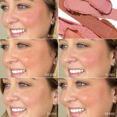Model mit aufgetragenen Cream Blush Stick Farbtönen und sichtbaren Swatches in den Nuancen BLISS, DESIRE, FLING, HUSH und SPARK.