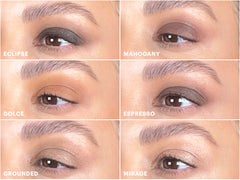 Sechs Nahaufnahmen von Augen mit braunen und neutralen Lidschatten, jeweils beschriftet mit ECLIPSE, MAHOGANY, DOLCE, ESPRESSO, GROUNDED und MIRAGE