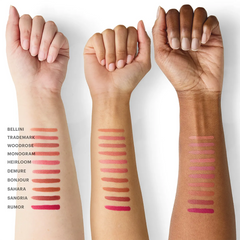 Glo Skin Beauty Suede Matte Crayon Swatches: Matte Farben auf dem Unterarm in Bellini, Trademark, Woodrose, Monogram, Heirloom, Demure, Bonjour, Sahara, Sangria & Rumor