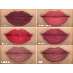 Glo, Skin, Beauty, Matte Lippenstift-Swatches: Rave, Coral Crush, Moxie, Pronto, Natural, Vino