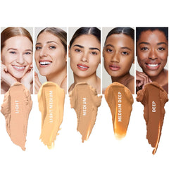 Fünf diverse Modelle über Foundation-Swatches, Farbton LIGHT, LIGHT MEDIUM, MEDIUM, MEDIUM DEEP, DEEP, Oil-Free Tinted Primer SPF 30 von Glo Skin Beauty