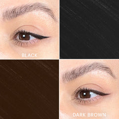 Aufgetragenes Winged Eyeliner auf den Augen mit zwei Farbswatches in den Nuancen Black und Dark Brown.