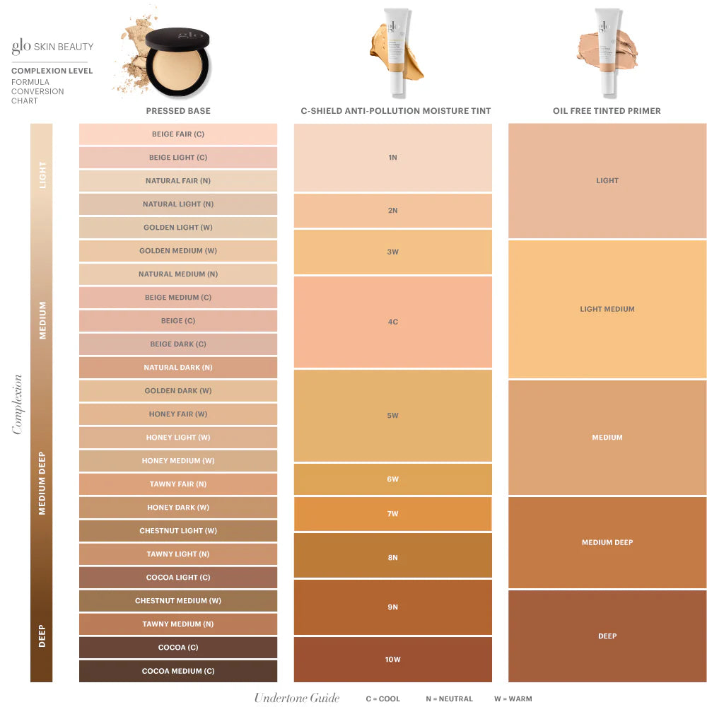 Glo Skin Beauty Complexion Conversion Chart, zeigt Pressed Base, C-Shield Moisture Tint, Oil-Free Tinted Primer Swatches und Unterton-Leitfaden