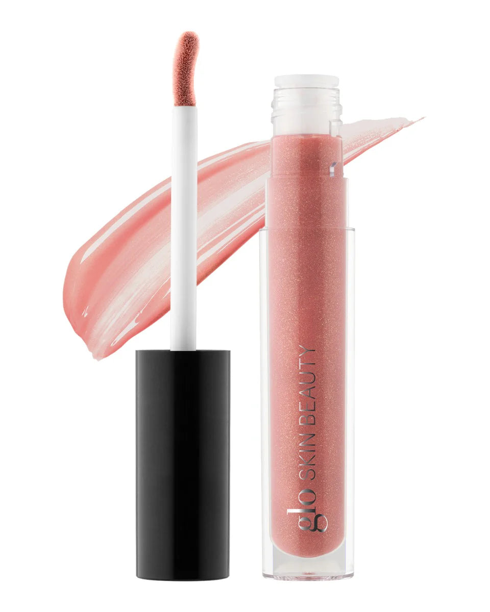 Glo Skin Beauty Cloud 9 Glitter Lipgloss mit Doe-Foot-Applikator und passendem Farb-Swatch.