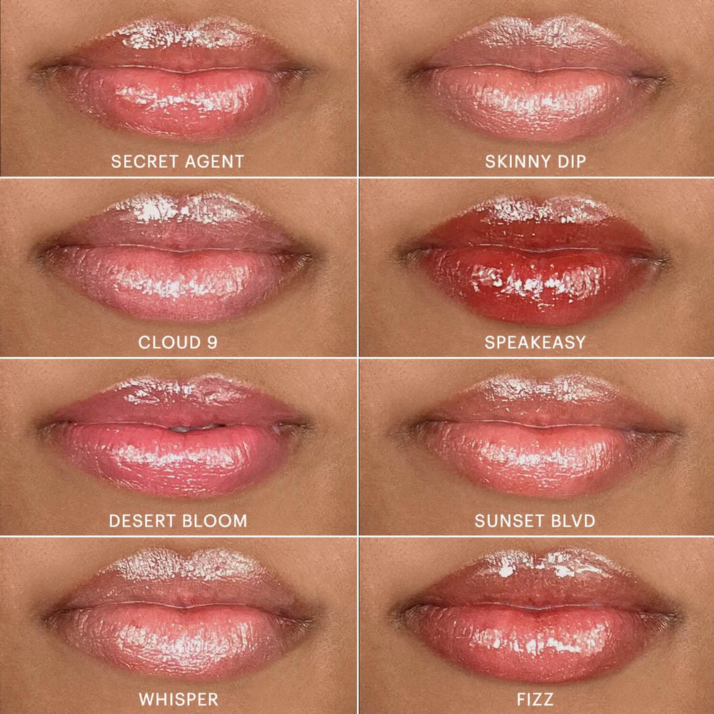 Acht Lipgloss-Farbtöne auf den Lippen aufgetragen: Secret Agent, Skinny Dip, Cloud 9, Speakeasy, Desert Bloom, Sunset Blvd, Whisper und Fizz.