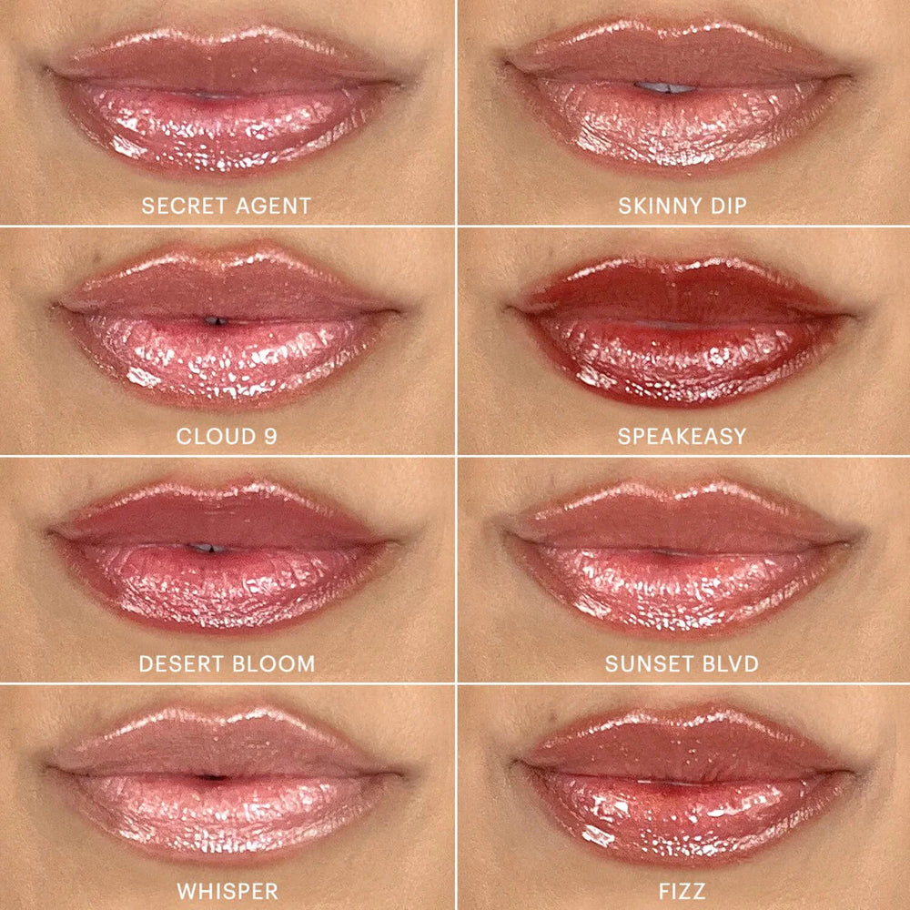 Acht Lipgloss-Farbtöne auf den Lippen aufgetragen: Secret Agent, Skinny Dip, Cloud 9, Speakeasy, Desert Bloom, Sunset Blvd, Whisper und Fizz.