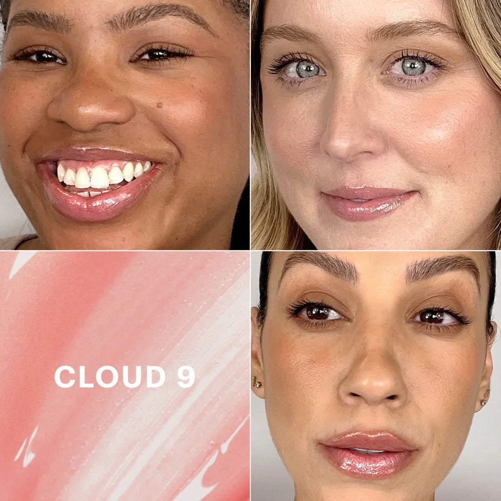 Drei Frauen tragen glänzenden Lipgloss, dazu Swatch der Nuance CLOUD 9, zeigt Farbe und Textur des Lipgloss von Glo Skin Beauty.