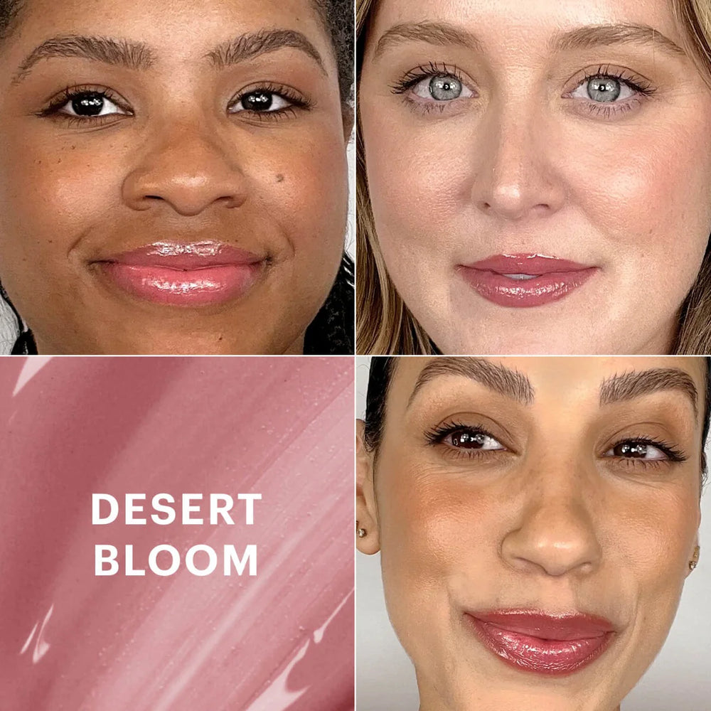 Drei Frauen tragen glänzenden Lipgloss, dazu Swatch der Nuance DESERT BLOOM, zeigt Farbe und Textur des Lipgloss von Glo Skin Beauty.