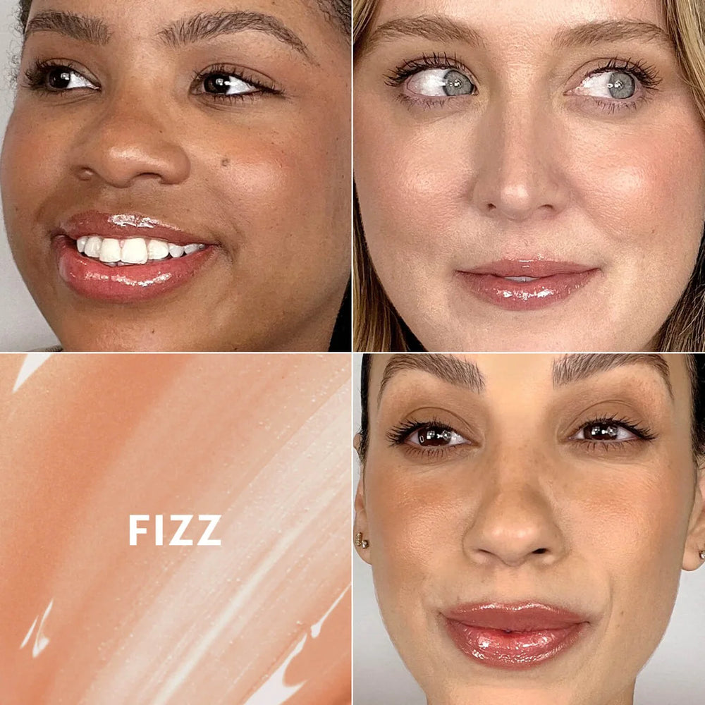 Drei Frauen tragen glänzenden Lipgloss, dazu Swatch der Nuance FIZZ, zeigt Farbe und Textur des Lipgloss von Glo Skin Beauty.