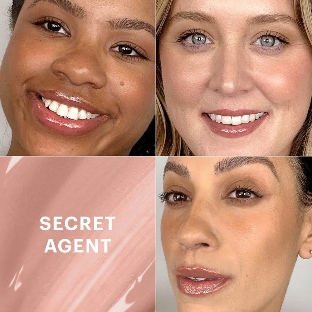 Drei Frauen tragen glänzenden Lipgloss, dazu Swatch der Nuance SECRET AGENT, zeigt Farbe und Textur des Lipgloss von Glo Skin Beauty.