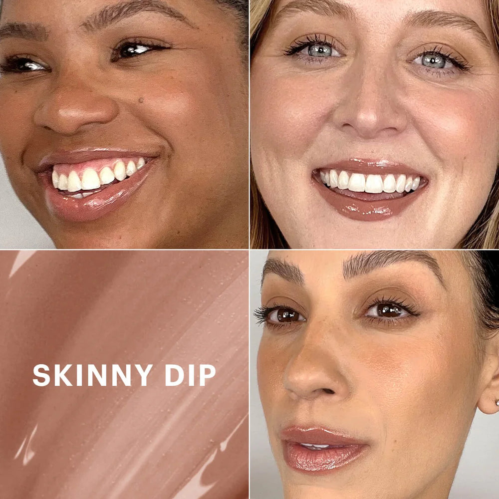 Drei Frauen tragen glänzenden Lipgloss, dazu Swatch der Nuance SKINNY DIP, zeigt Farbe und Textur des Lipgloss von Glo Skin Beauty.