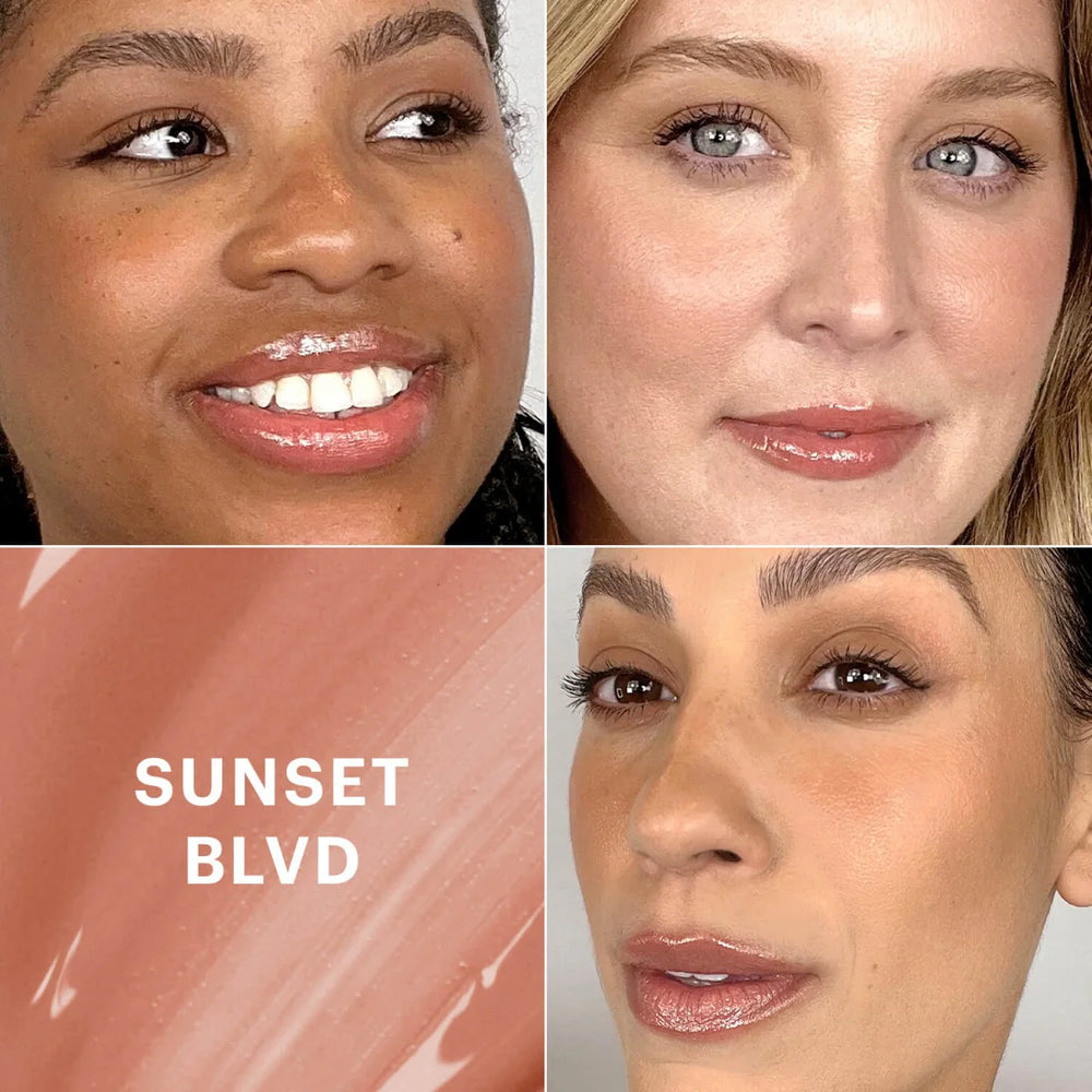 Drei Frauen tragen glänzenden Lipgloss, dazu Swatch der Nuance SUNSET BLVD, zeigt Farbe und Textur des Lipgloss von Glo Skin Beauty.