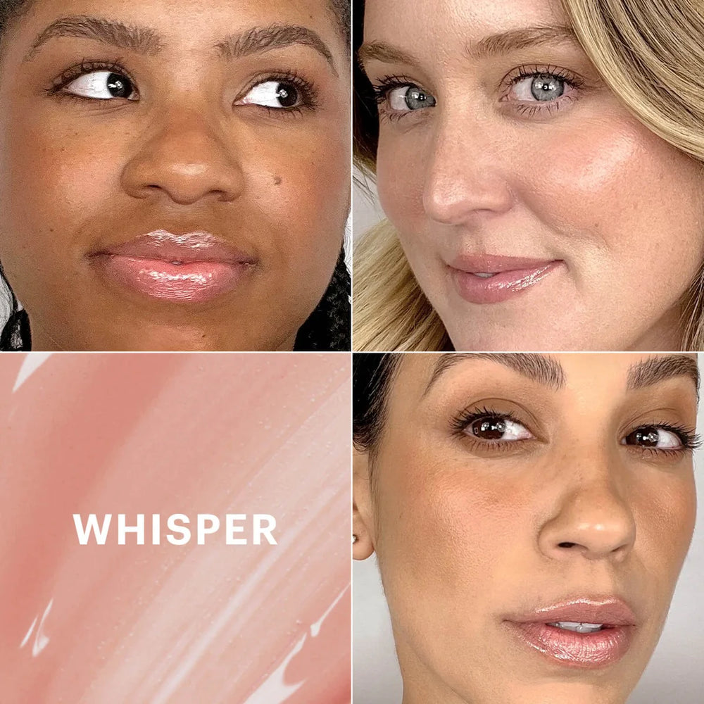 Drei Frauen tragen glänzenden Lipgloss, dazu Swatch der Nuance WHISPER, zeigt Farbe und Textur des Lipgloss von Glo Skin Beauty.