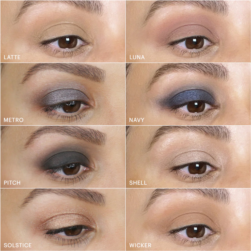 Nahaufnahme von acht Eye-Looks, beschriftet mit Latte, Luna, Metro, Navy, Pitch, Shell, Solstice und Wicker