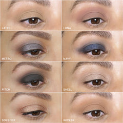 Nahaufnahme von acht Eye-Looks, beschriftet mit Latte, Luna, Metro, Navy, Pitch, Shell, Solstice und Wicker