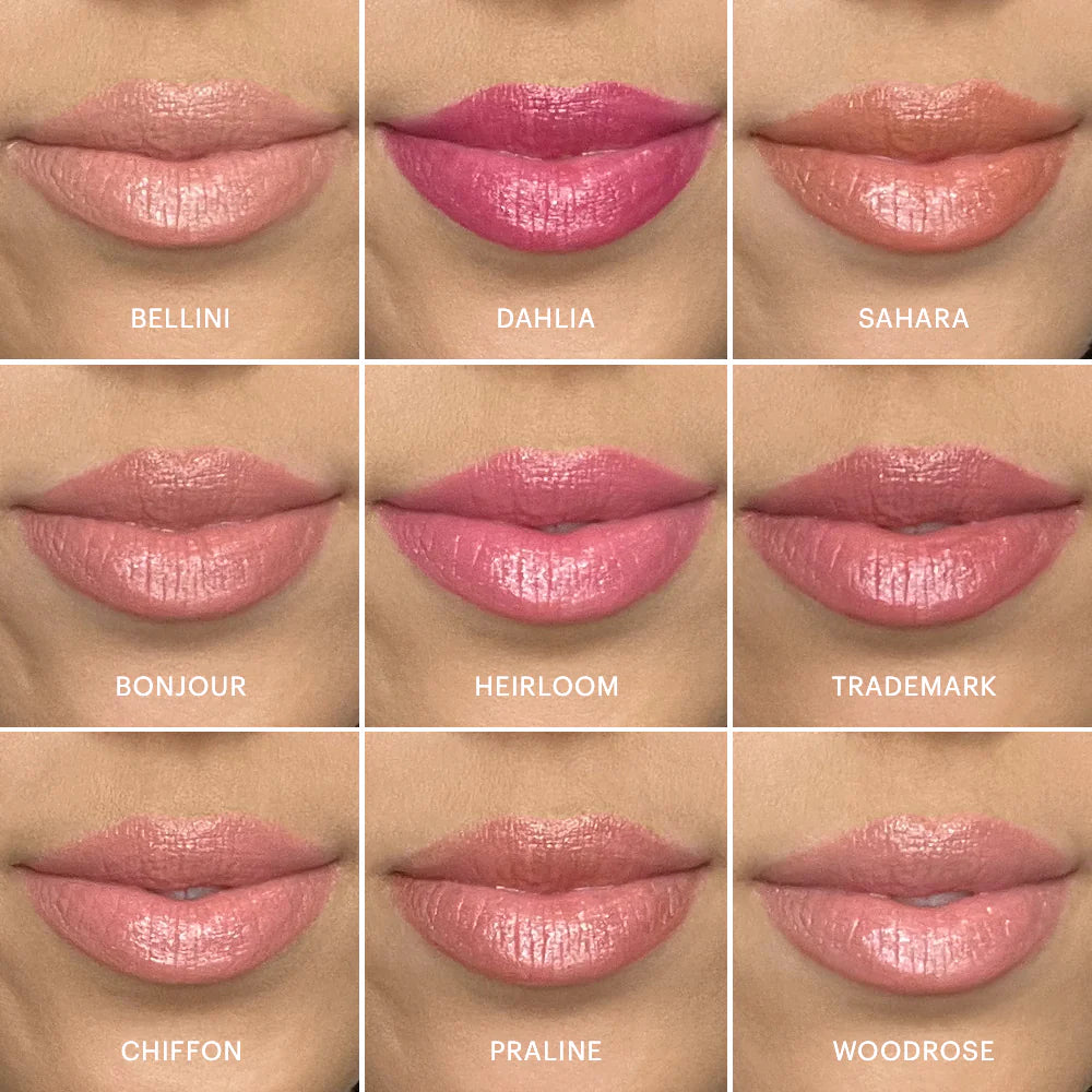 Glo Skin Beauty Cream Glaze Lip Crayon Lip Swatches: Glänzende Farben auf den Lippen in Bellini, Dahlia, Sahara, Bonjour, Heirloom, Trademark, Chiffon, Praline & Woodrose