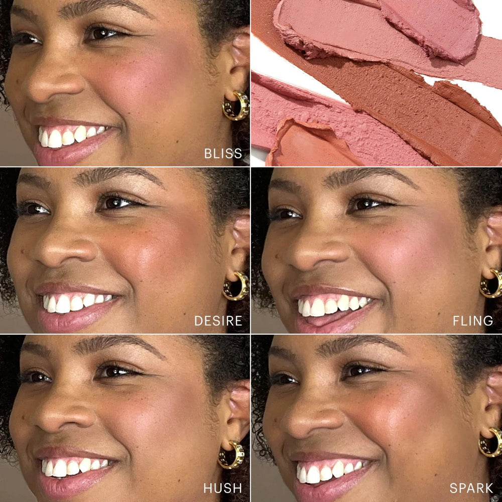 Model trägt Cream Blush in den Farbtönen Bliss, Desire, Fling, Hush und Spark, jeweils mit passenden Farb-Swatches sichtbar.