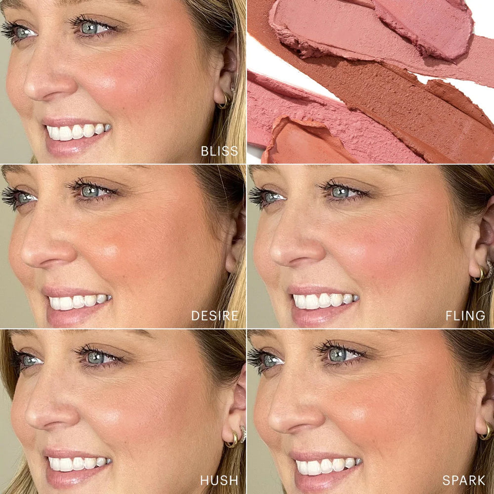 Model mit aufgetragenen Cream Blush Stick Farbtönen und sichtbaren Swatches in den Nuancen BLISS, DESIRE, FLING, HUSH und SPARK.