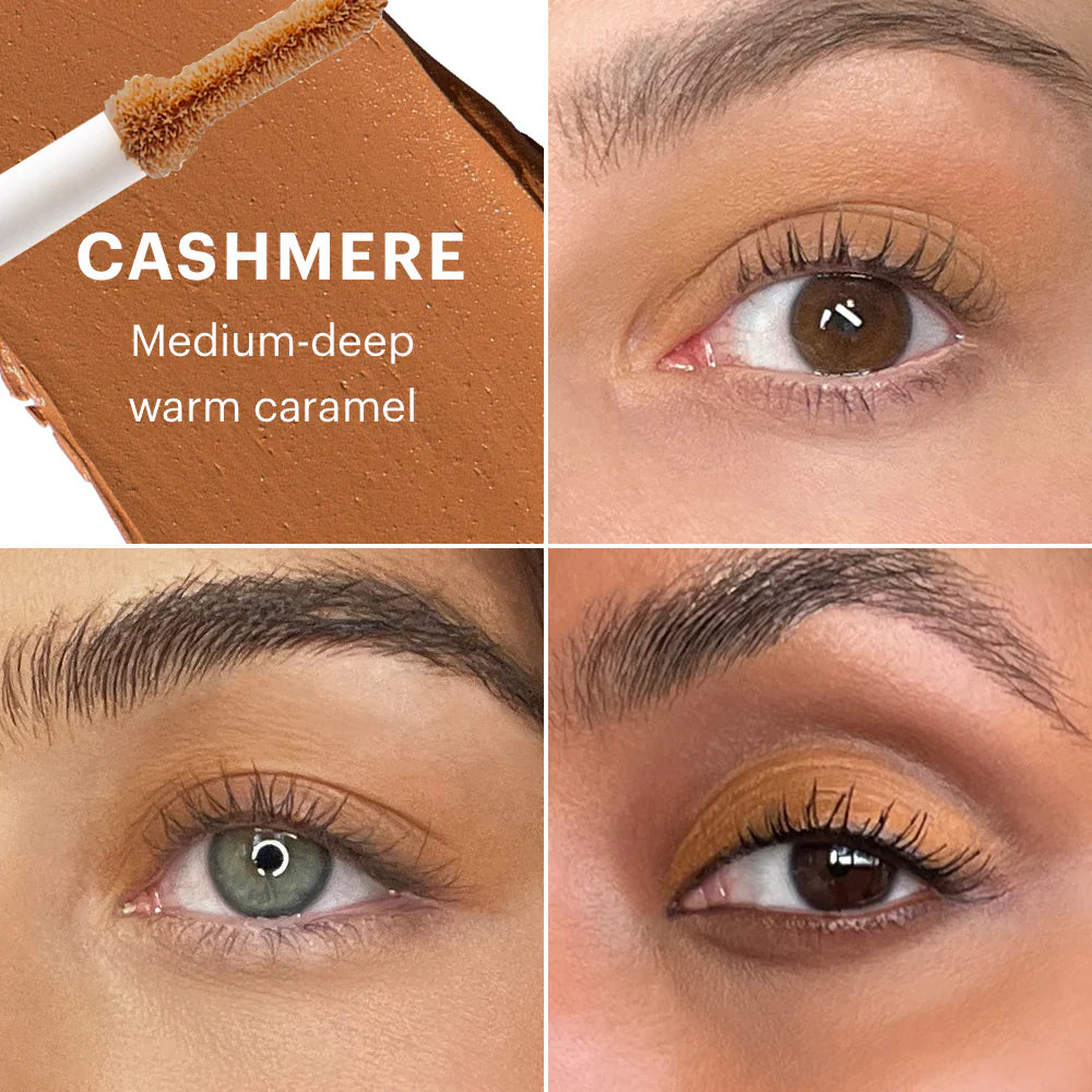 Concealer-Farbton-Swatch CASHMERE Medium-deep warm caramel mit drei Nahaufnahmen der Augen, die das Produkt auf unterschiedlichen Hauttönen zeigen