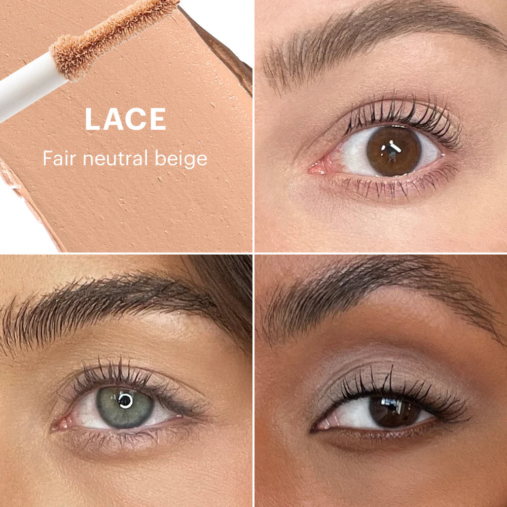 Concealer-Farbton-Swatch LACE Fair neutral beige mit drei Nahaufnahmen der Augen, die das Produkt auf unterschiedlichen Hauttönen zeigen