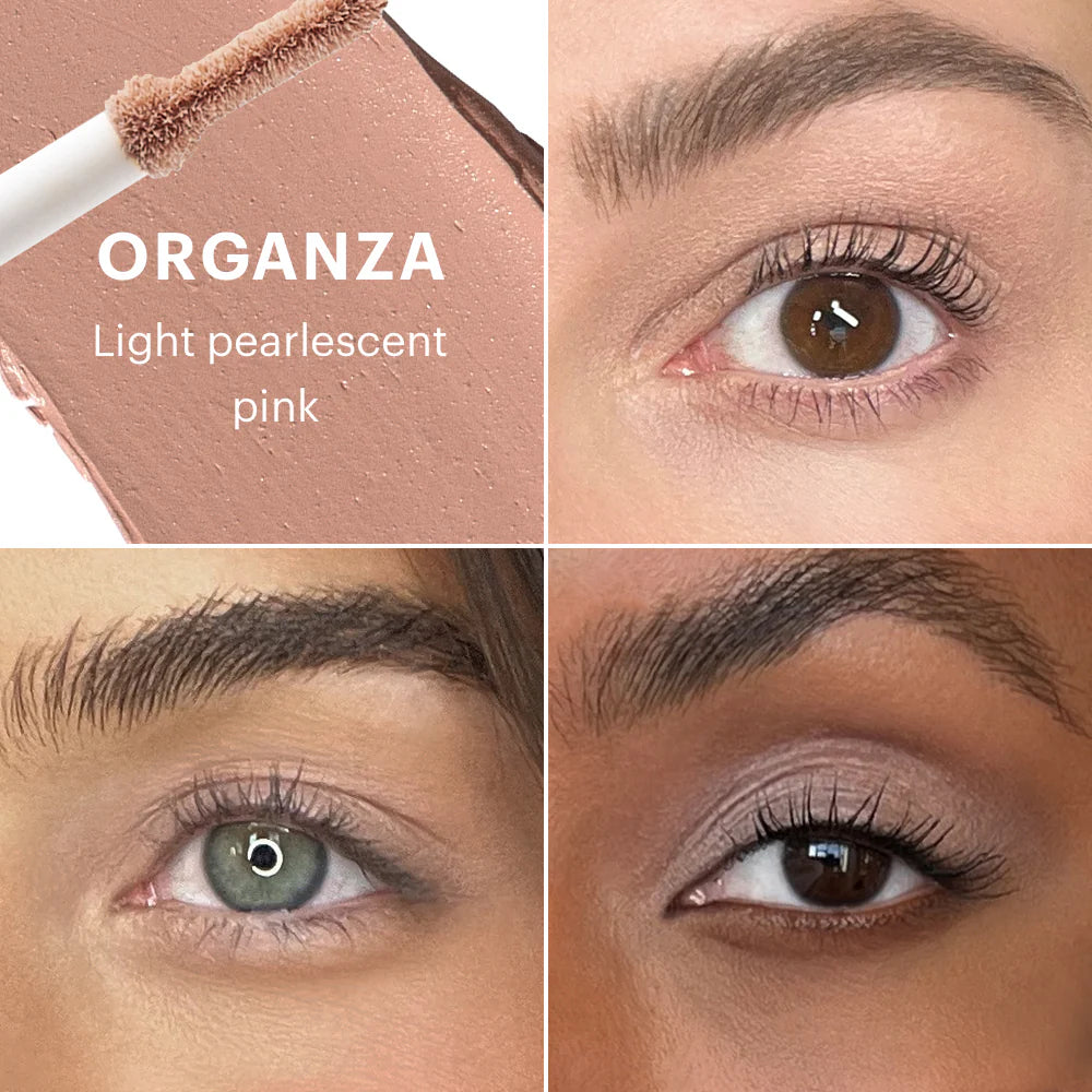 Concealer-Farbton-Swatch ORGANZA Light pearlescent pink mit drei Nahaufnahmen der Augen, die das Produkt auf unterschiedlichen Hauttönen zeigen