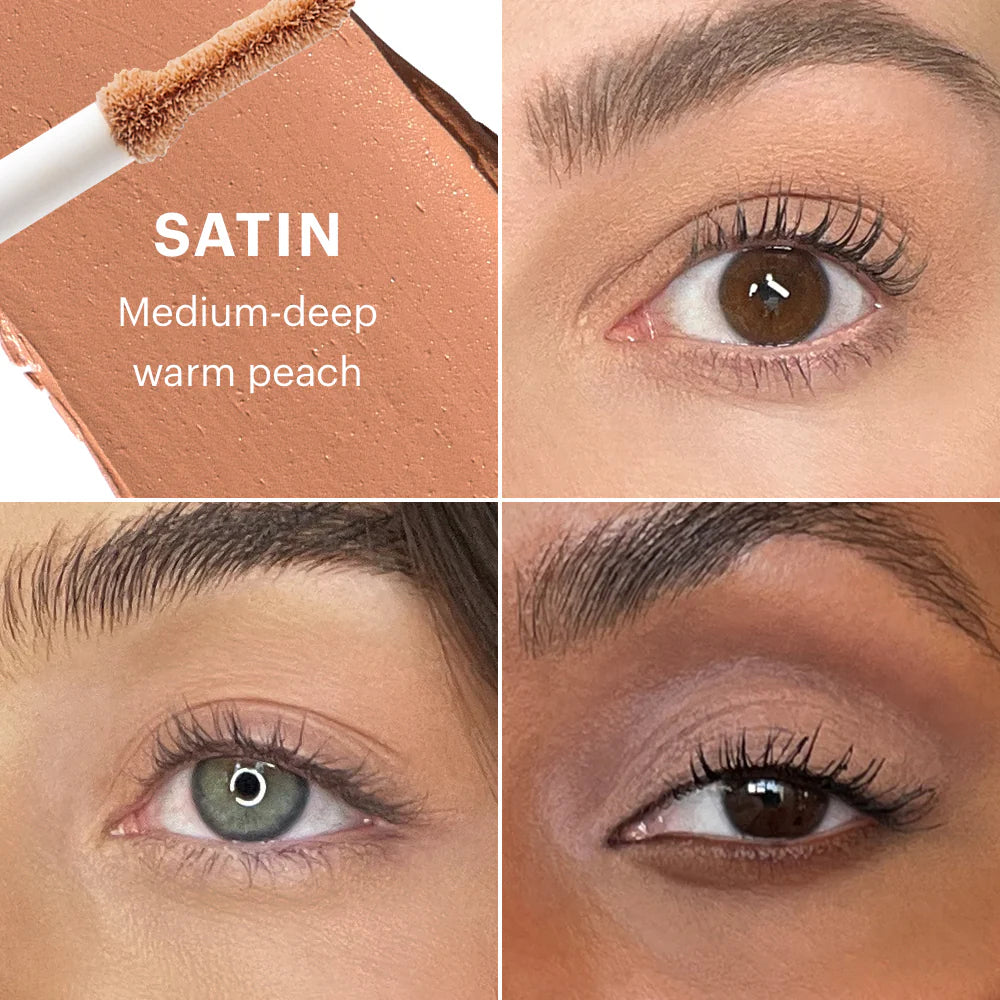 Concealer-Farbton-Swatch SATIN Medium-deep warm peach mit drei Nahaufnahmen der Augen, die das Produkt auf unterschiedlichen Hauttönen zeigen
