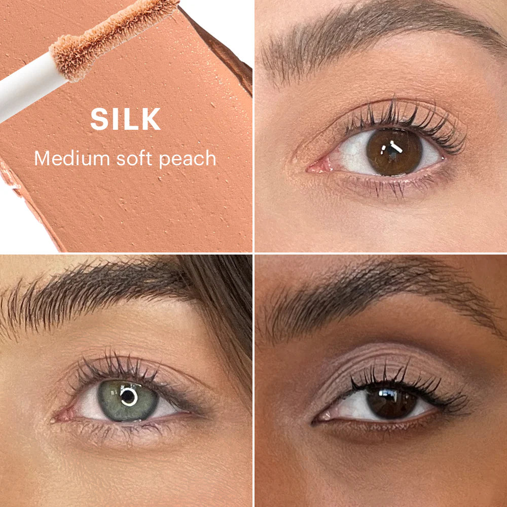 Concealer-Farbton-Swatch SILK Medium soft peach mit drei Nahaufnahmen der Augen, die das Produkt auf unterschiedlichen Hauttönen zeigen