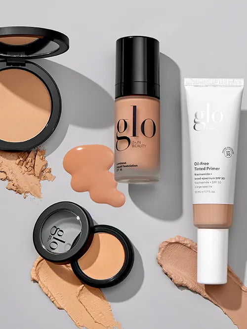 Glo Skin Beauty Mineral Foundation Sortiment: Liquid Foundation, Pressed Base Puder, Tinted Primer und Concealer mit Texturen