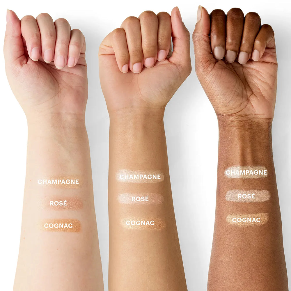 Glo Skin Beauty Powder Highlighter Swatches: Champagne, Rosé & Cognac auf heller, mittlerer & dunkler Haut