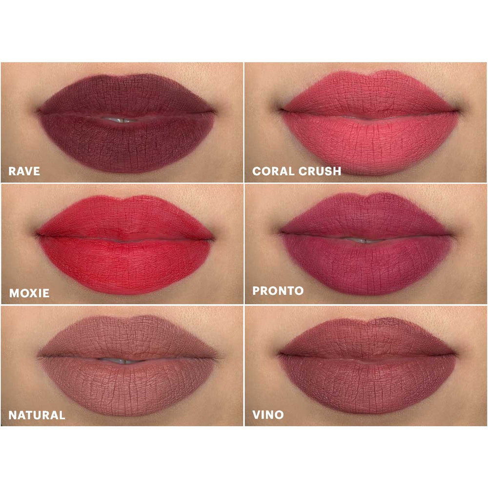 Glo, Skin, Beauty, Matte Lippenstift-Swatches: Rave, Coral Crush, Moxie, Pronto, Natural, Vino