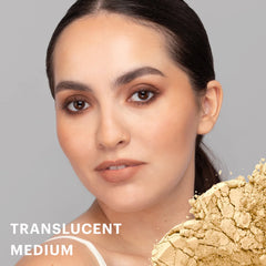 Weibliches Model mit aufgetragenem Glo Skin Beauty Luminous Setting Powder im Farbton Translucent Medium