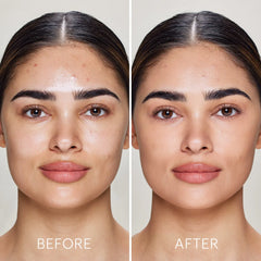 Side-by-side Porträt BEFORE und AFTER, Oil-Free Tinted Primer SPF 30 glättet die Haut, reduziert Glanz, von Glo Skin Beauty
