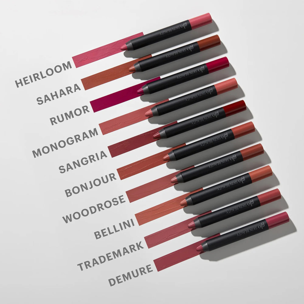 Glo Skin Beauty Suede Matte Crayon Farbauswahl: Matte Lip Crayons in Heirloom, Sahara, Rumor, Monogram, Sangria, Bonjour, Woodrose, Bellini, Trademark & Demure