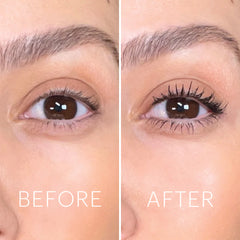 Nahaufnahme eines braunen Auges im Vorher-nachher-Vergleich, der die Verlängerungs- und Volumenwirkung der Glo Skin Beauty Mascara zeigt.